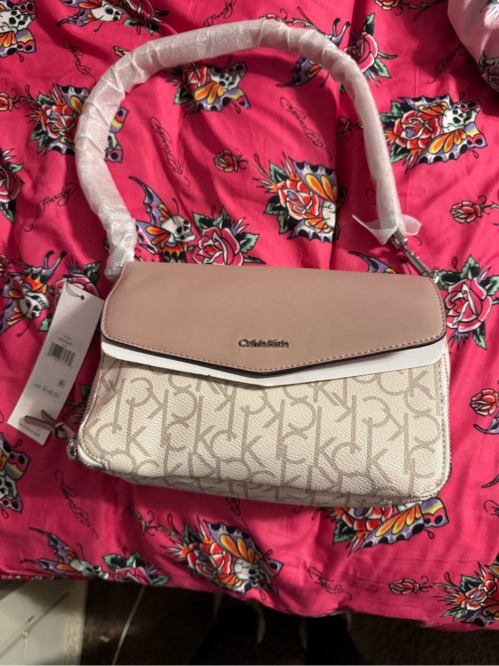 Calvin Klein Cream Monogram Satchel with Blush Flap
